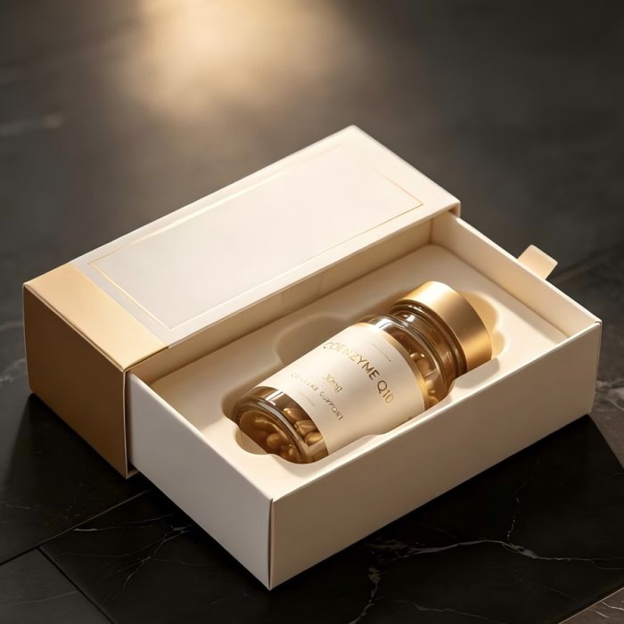 cream-gold-drawer-rigid-box-coenzyme-q10-capsule-jar-custom-packaging