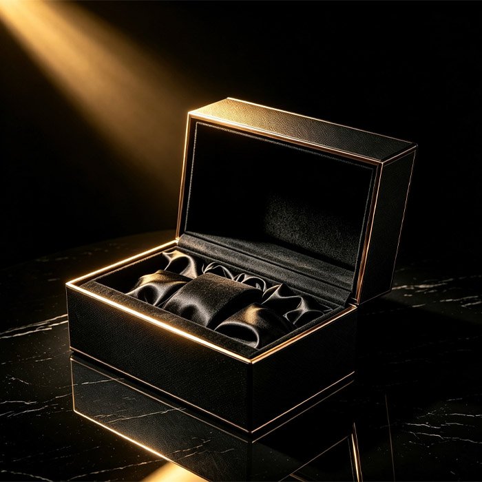 black-gold-trim-single-watch-box-empty