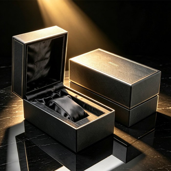 black-pattern-hinged-watch-box-gold-light