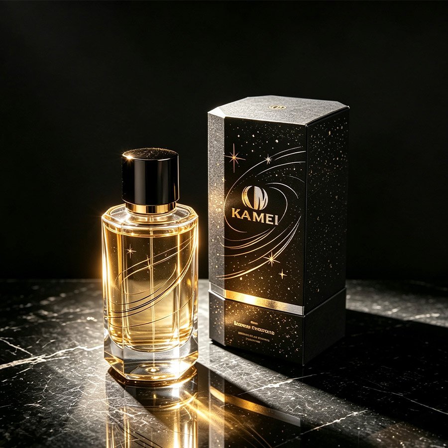 Glossy Black Single-Bottle Gift Box with Amber Glass Scent Bottle