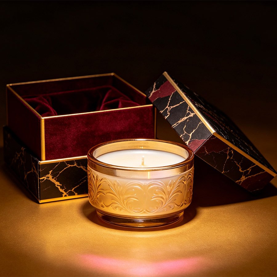 Baroque-inspired Candle Gift Set Displayed in Gilded Marble Rigid Packaging Box