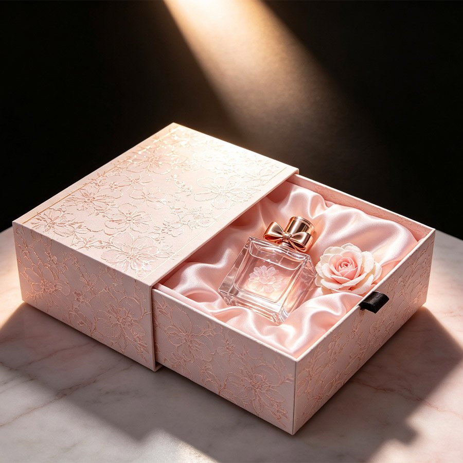 Floral Scent Bottle with Satin-lined Embossed Drawer Packaging Box