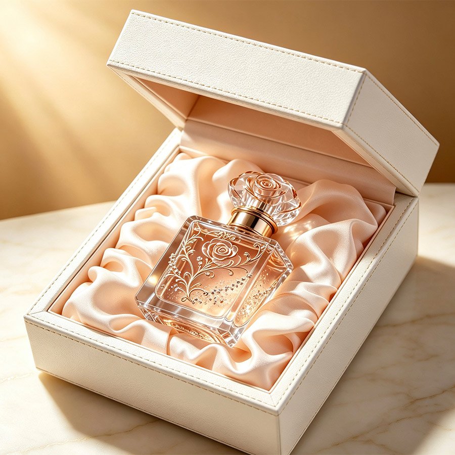 Intricate Rose Scent Bottle Presented in Tailored Hinged Lid Rigid Box