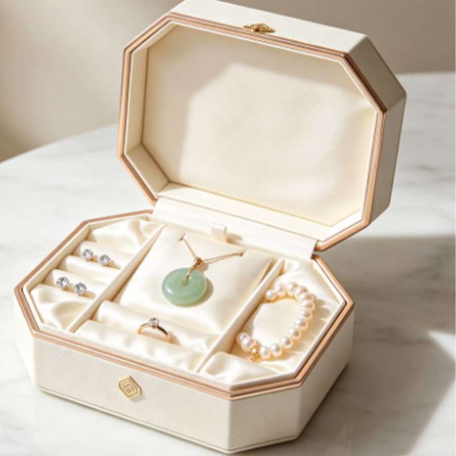 All-in-one, custom-designed luxury jewelry organizer: specially crafted to store rings, earrings, and necklaces, keeping various small pieces of jewelry neatly organized.