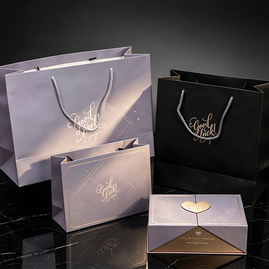 Decorative Good Luck Gift Bags with Rope Handles, Foil Stamping, and Coordinating Box