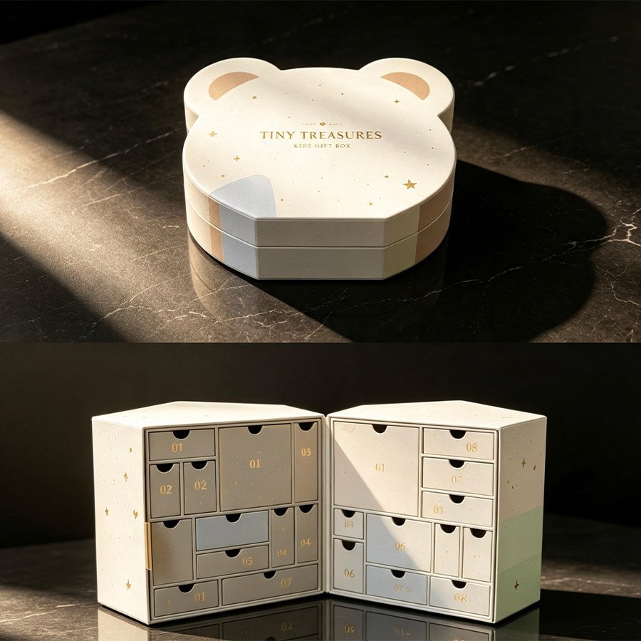 Multi-Drawer Bear Gift Box with Gold Stars, Numbered Labels and Kids Design