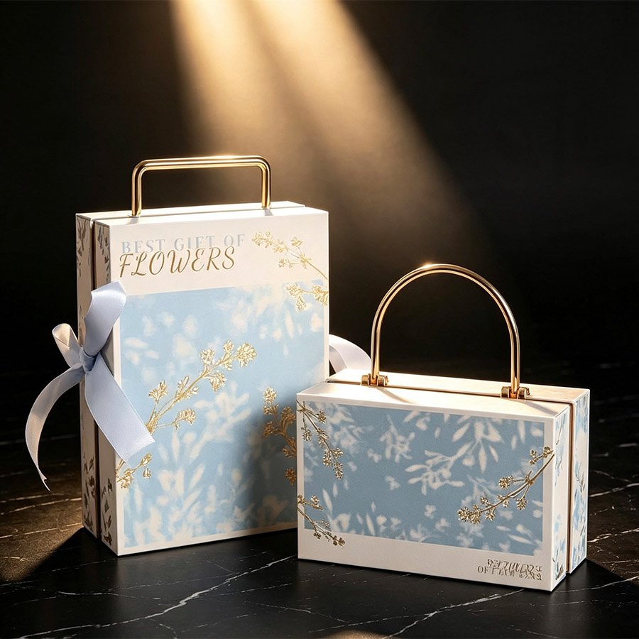 Elegant Square Gift Box with Metal Handle and Pastel Floral Gold Foil