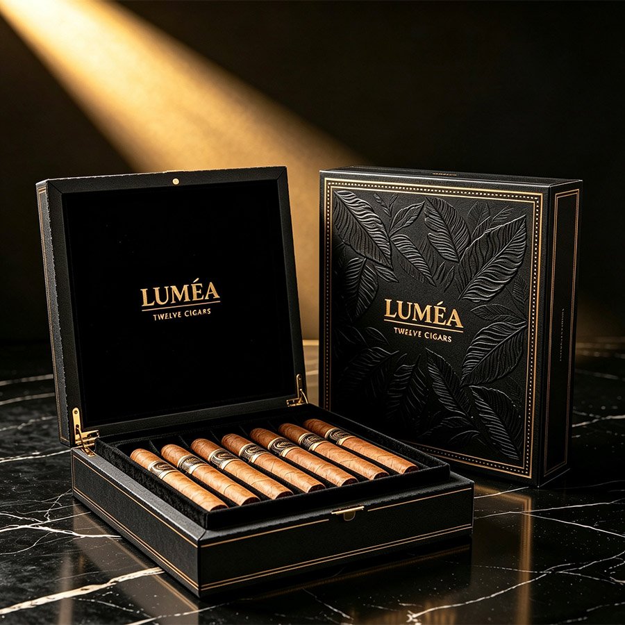 Geometric Navy Blue Tobacco Box  High-End 8-Cigar Presentation Packaging with Gold Foil