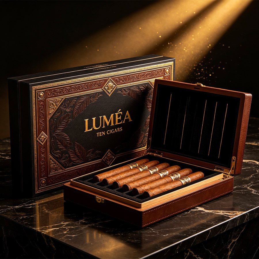 Custom Luxury Cigar Packaging Box  Black & Gold Embossed Wooden Gift Box for 10 Cigars