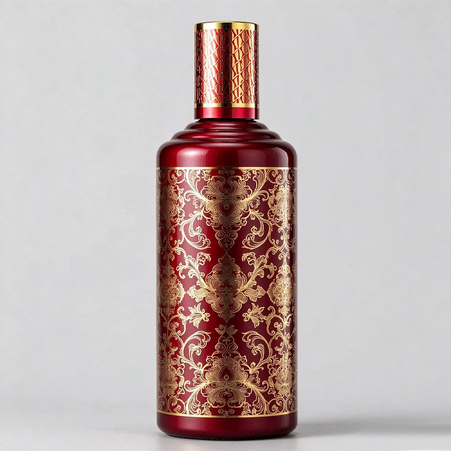 Luxury Burgundy Glass Liquor Bottle with Gold Baroque Pattern, Custom Empty Spirit Bottle