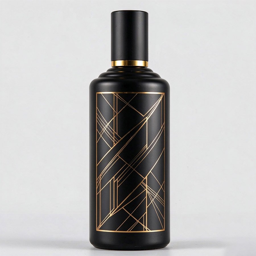 Modern Luxury Matte Black Glass Wine Bottle, Gold Geometric Art Custom Liquor Packaging Bottle