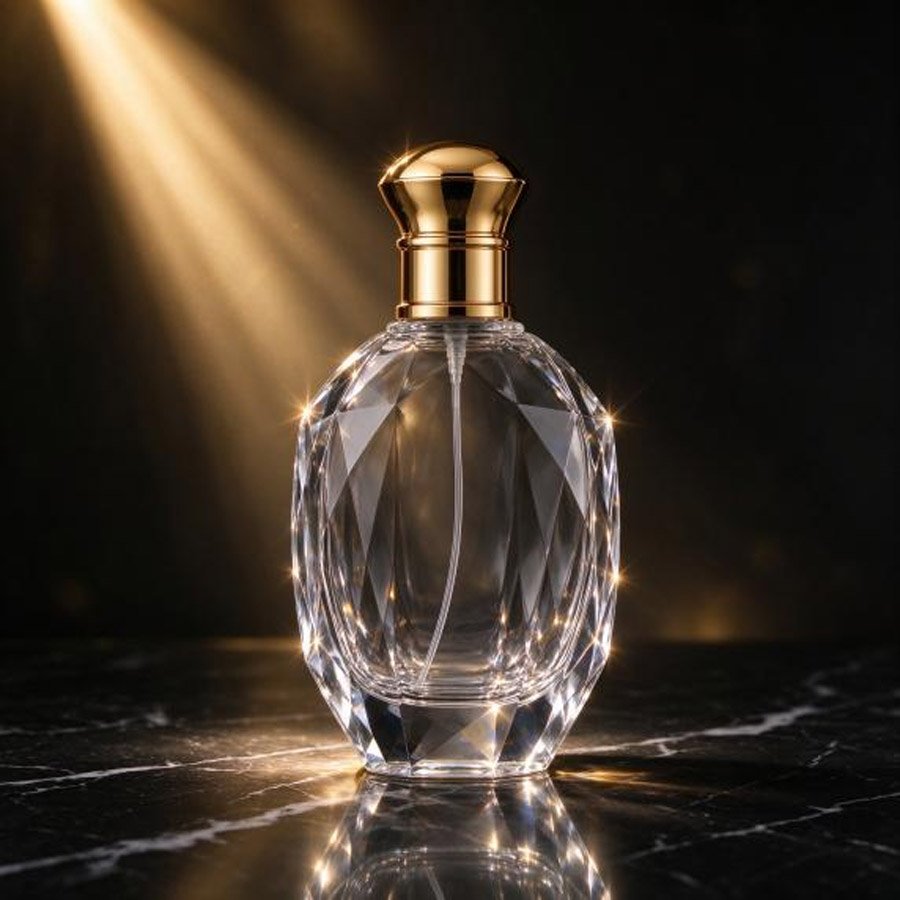 Faceted Round Perfume Bottle 50ml with Gold Dome Metal Cap, Luxury Crystal Fragrance Bottle Wholesale