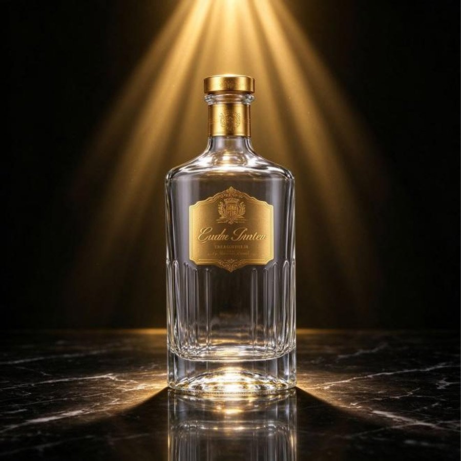 Luxury 375ml Glass Flask Brandy Bottle with Gold Foil and Embossed Texture